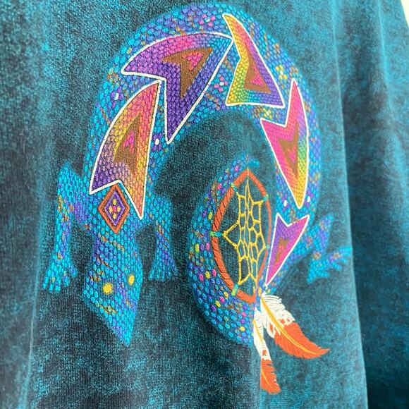 Vtg Green Acid Wash Lizard Dreamcatcher Western Relaxed Fit Pullover Sweatshirt - Picture 5 of 8